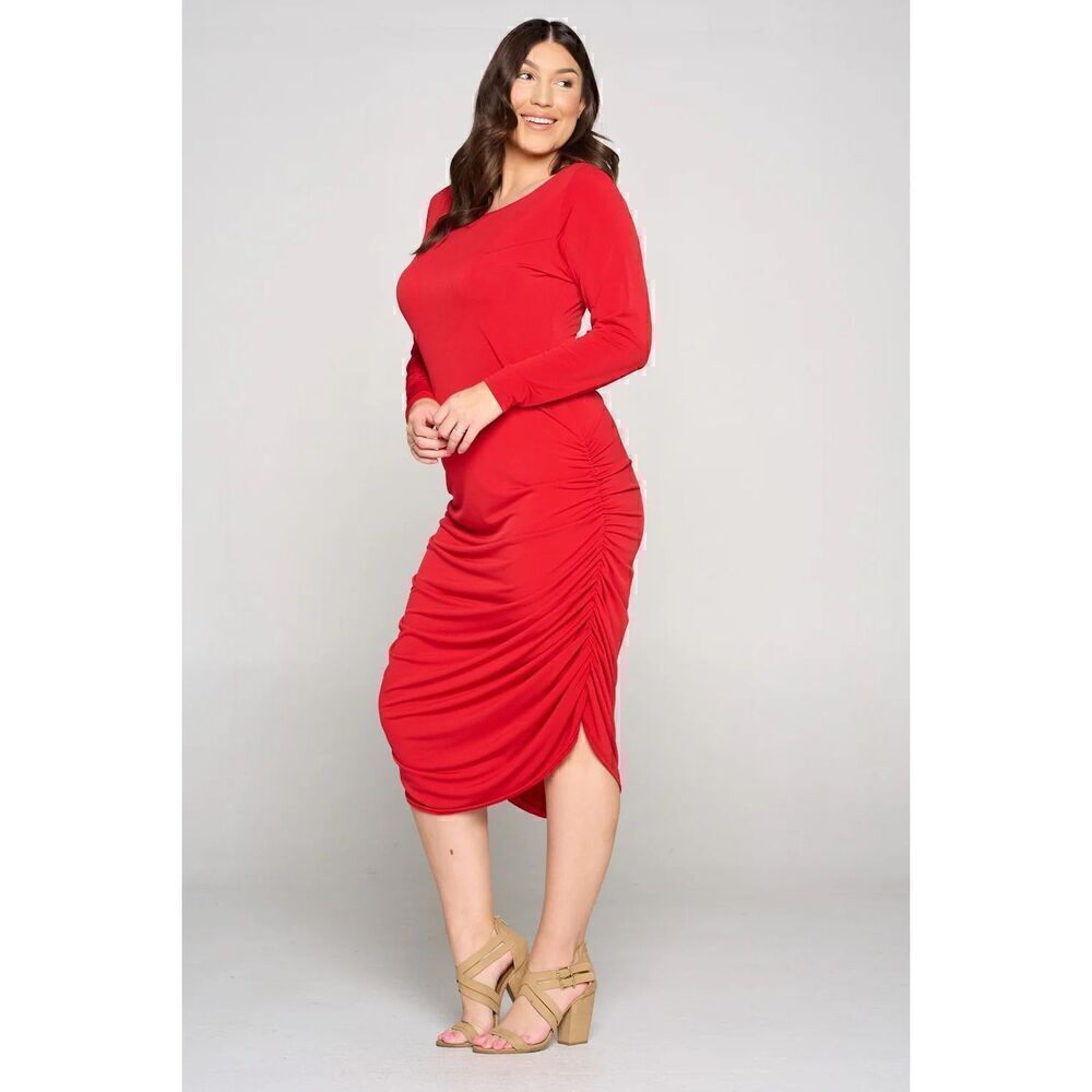 Venus Women’s Size 1X Winona Side Ruched Bodycon Midi Dress Red Long Sleeve
